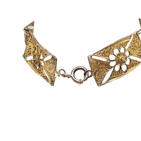 Floral Filigree Panel Link Bangle Bracelet Spring Ring Closure Gold Tone Vintage - Picture 4 of 5